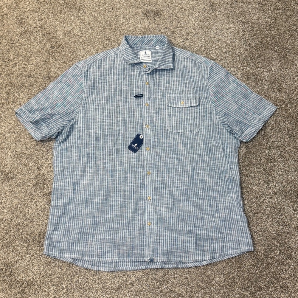 Johnnie-O Hangin Out Ennis Shirt XL Indigo Blue Striped Short Sleeve JMWS100250